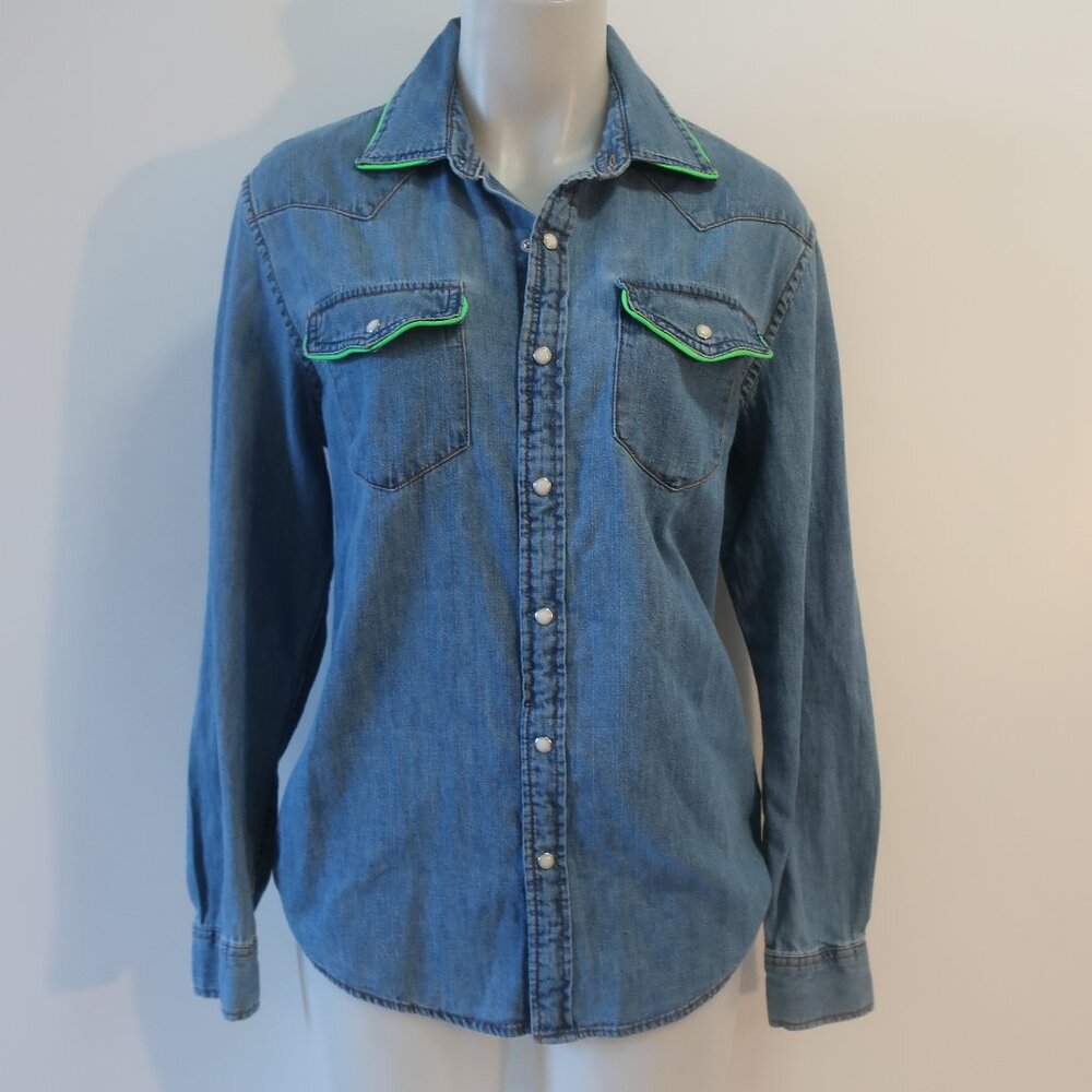 NWT Womens Romi Basha Dark Blue Denim Neon Green Trim Button Down Shirt S